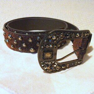 Western Rhinestone Belt M Brown Leather Dollycore Y2K Glam Statement Sparkle